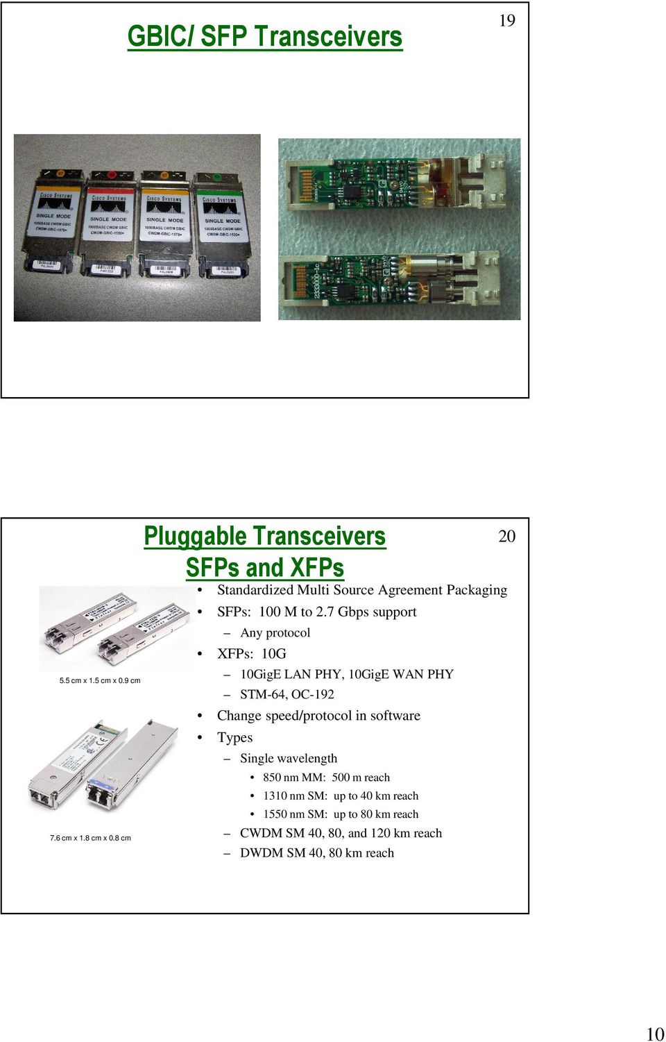 7 Gbps support Any protocol XFPs: 10G 10GigE LAN PHY, 10GigE WAN PHY STM-64, OC-192 Change speed/protocol in