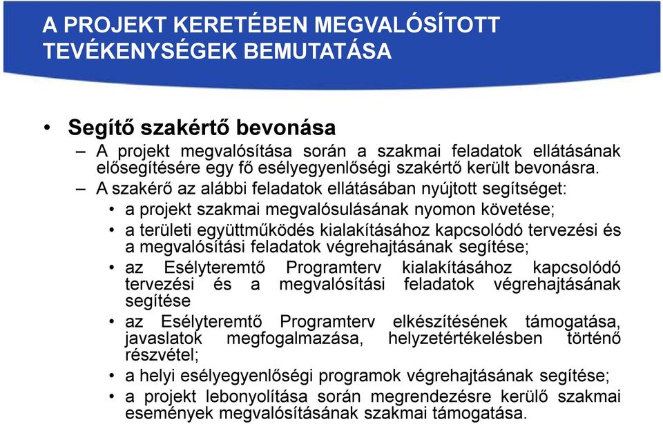 feladatok végrehajtásának segítése; az Esélyteremtő Programterv kialakításához kapcsolódó tervezési és a megvalósítási feladatok végrehajtásának segítése az Esélyteremtő Programterv elkészítésének