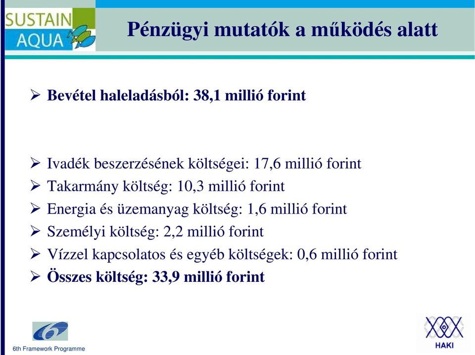 Energia és üzemanyag költség: 1,6 millió forint Személyi költség: 2,2 millió forint