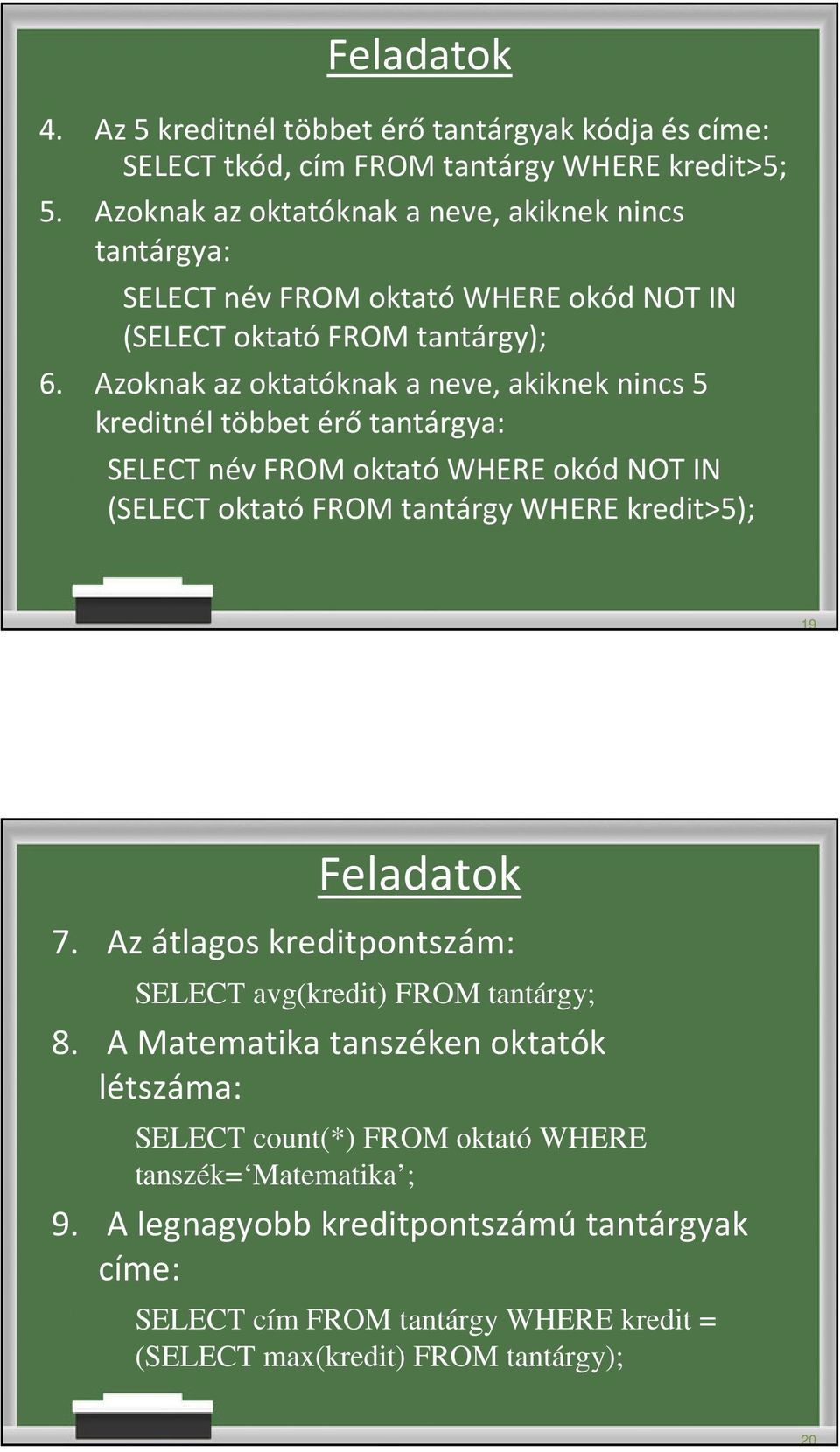 Azoknak az oktatóknak a neve, akiknek nincs 5 kreditnél többet érő tantárgya: SELECT névfrom oktatówhere okódnot IN (SELECT oktató FROM tantárgy WHERE kredit>5); 19 Feladatok 7.