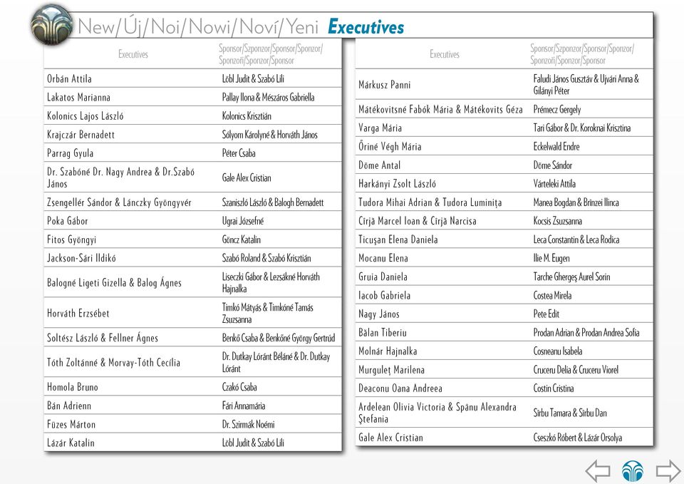 Szabó János Gale Alex Cristian Zsengellér Sándor & Lánczky Gyöngyvér Executives Márkusz Panni Sponsor/Szponzor/Sponsor/Sponzor/ Sponzoři/Sponzor/Sponsor Faludi János Gusztáv & Ujvári Anna & Gilányi