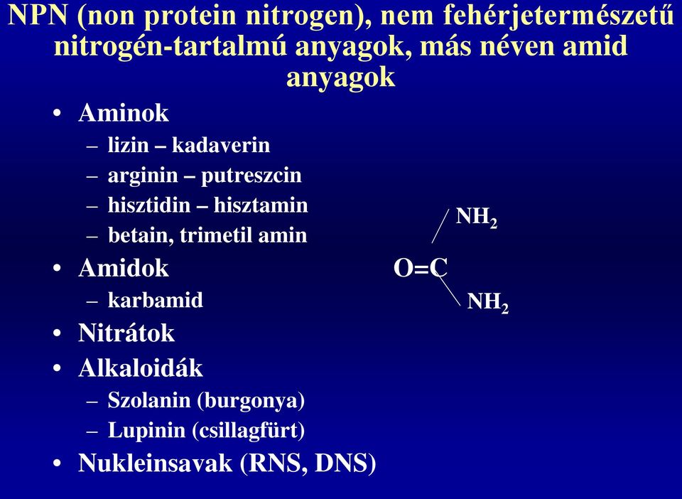 hisztidin hisztamin betain, trimetil amin Amidok karbamid Nitrátok