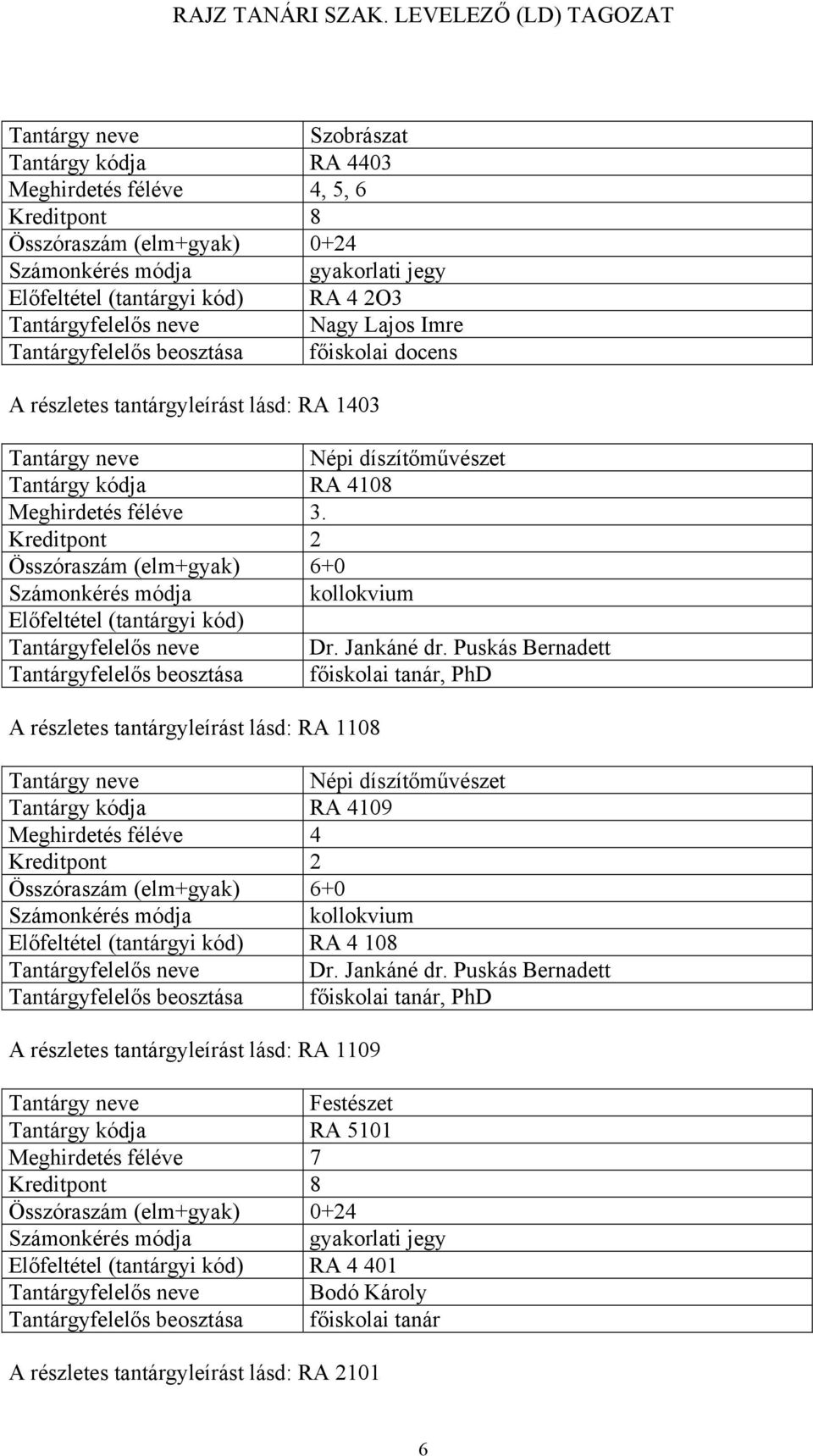 A részletes tantárgyleírást lásd: RA 1108 Népi díszítőművészet Tantárgy kódja RA 4109 Meghirdetés féléve 4 RA