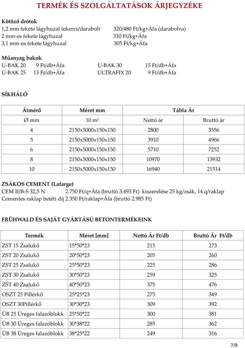 2150x5000x150x150 5710 7252 8 2150x5000x150x150 10970 139 10 2150x5000x150x150 16940 21514 ZSÁKOS CEMENT (Lafarge) CEM II/B-S,5 N 2.750 Ft/q+Áfa (bruttó 3.