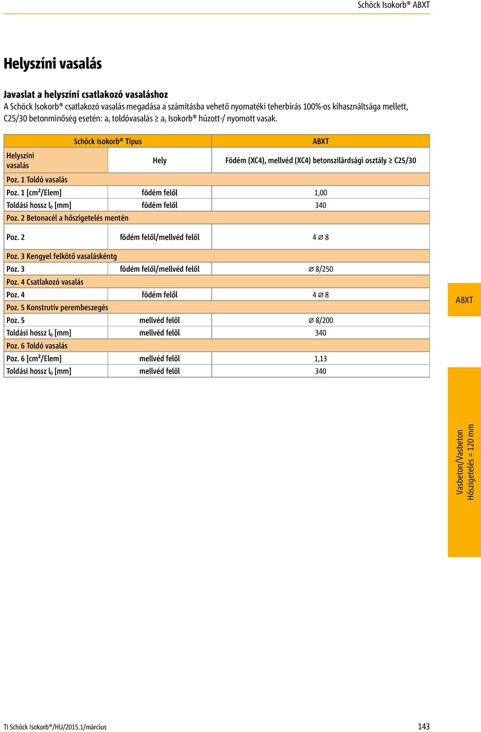 1 Toldó vasalás Schöck Isokorb Típus Hely (XC4), mellvéd (XC4) betonszilárdsági osztály C25/30 Poz. 1 [cm²/elem] födém felől 1,00 Toldási hossz l 0 [mm] födém felől 340 Poz.