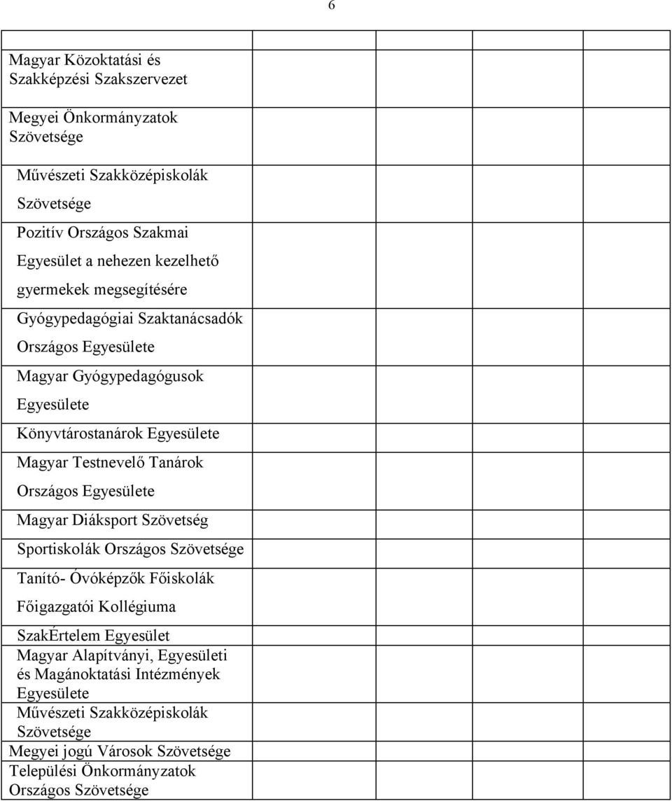 Tanárok Országos Egyesülete Magyar Diáksport Szövetség Sportiskolák Országos Szövetsége Tanító- Óvóképzők Főiskolák Főigazgatói Kollégiuma SzakÉrtelem Egyesület Magyar