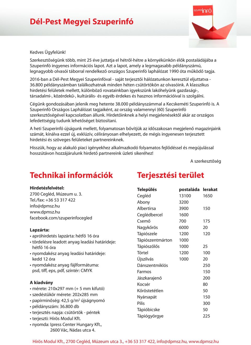 2016-ban a Dél-Pest Megyei Szuperinfóval - saját terjesztői hálózatunkon keresztül eljuttatva - 36.800 példányszámban találkozhatnak minden héten csütörtökön az olvasóink.