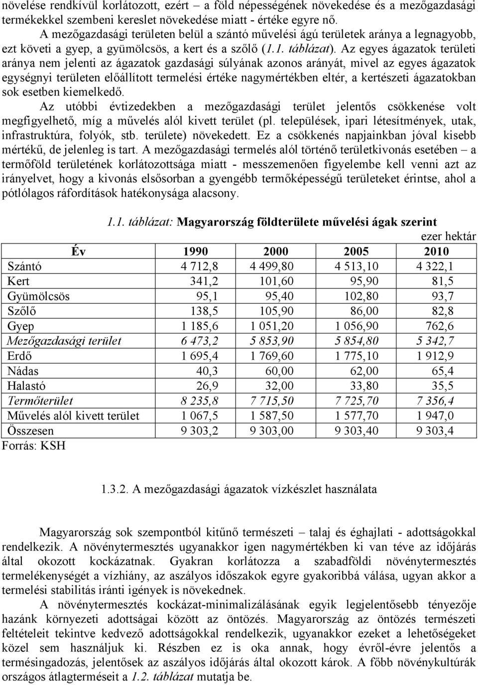 Az egyes ágazatok területi aránya nem jelenti az ágazatok gazdasági súlyának azonos arányát, mivel az egyes ágazatok egységnyi területen előállított termelési értéke nagymértékben eltér, a kertészeti