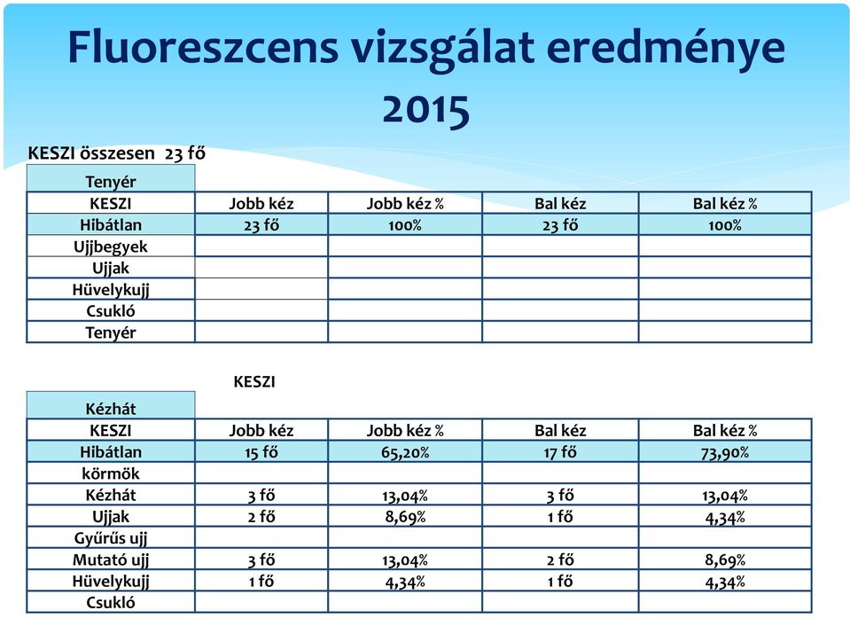 Jobb kéz % Bal kéz Bal kéz % Hibátlan 15 fő 65,20% 17 fő 73,90% körmök Kézhát 3 fő 13,04% 3 fő 13,04%