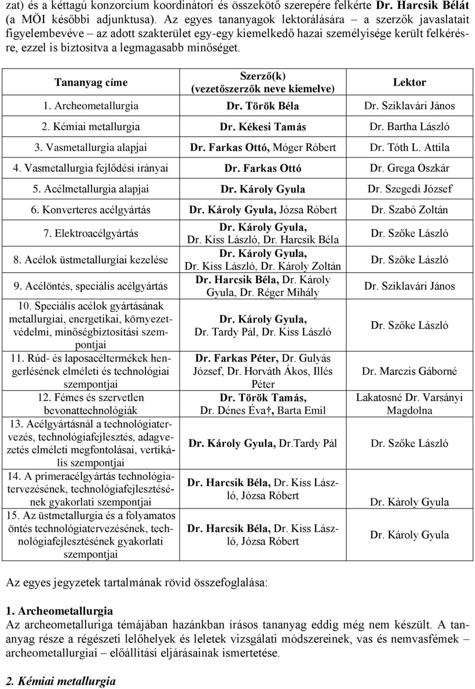 Tananyag címe Szerző(k) (vezetőszerzők neve kiemelve) Lektor 1. Archeometallurgia Dr. Török Béla Dr. Sziklavári János 2. Kémiai metallurgia Dr. Kékesi Tamás Dr. Bartha László 3.