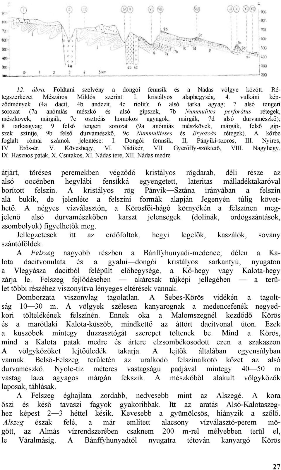 homokos agyagok, márgák, 7d alsó durvamészkő); 8 tarkaagyag; 9 felső tengeri sorozat (9a anómiás mészkövek, márgák, felső gipszek szintje, 9b felső durvamészkő, 9c Nummuliteses és Bryozoás rétegek).