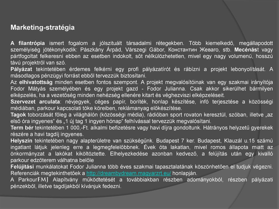 Pályázat tekintetében érdemes felkérni egy profi pályázatírót és rábízni a projekt lebonyolítását. A másodlagos pénzügyi forrást ebből tervezzük biztosítani.