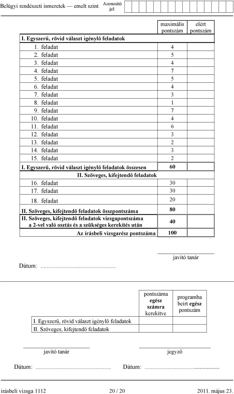 feladat 20 II. Szöveges, kifejtendő feladatok összpontszáma 80 II.