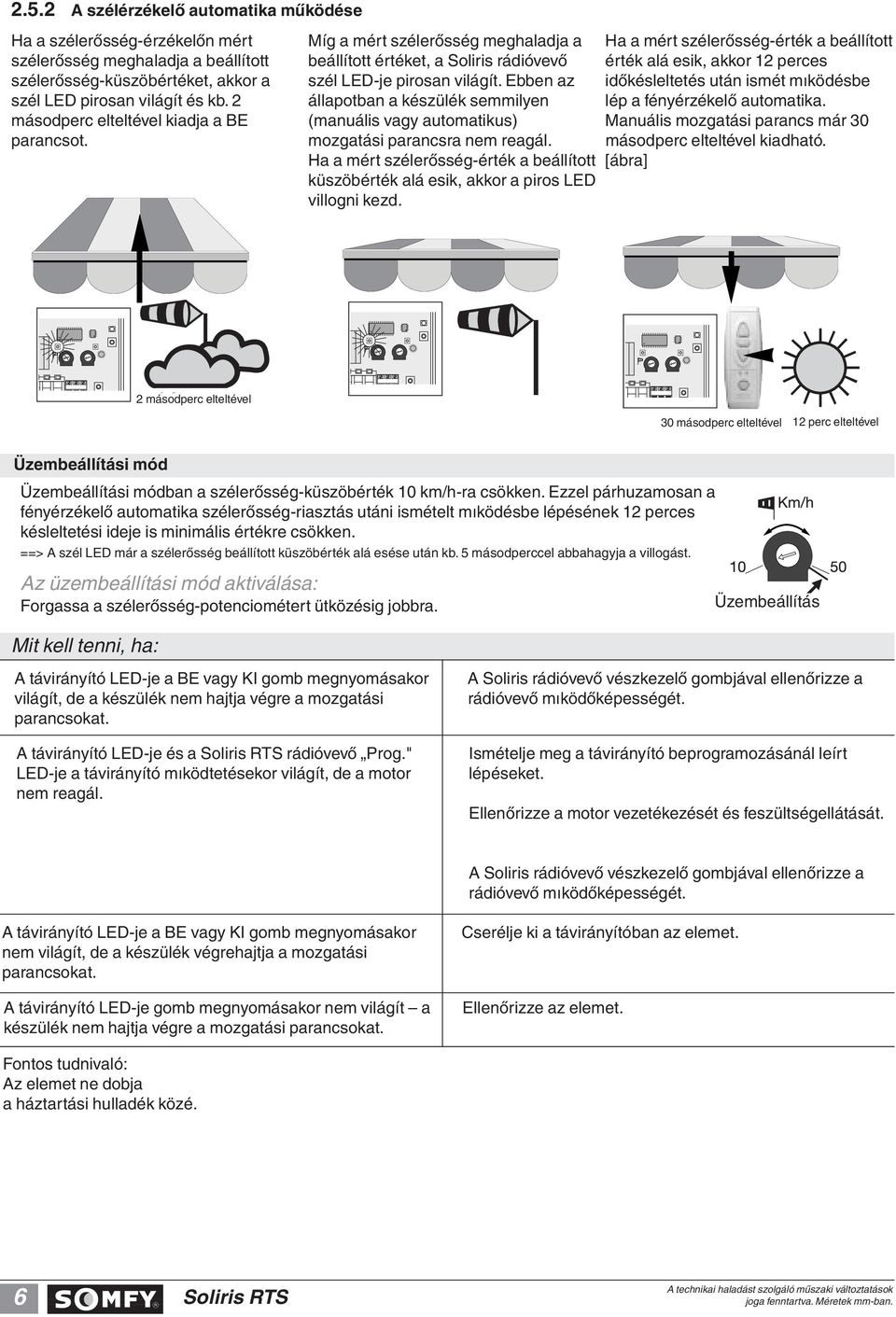 Ebben az állapotban a készülék semmilyen (manuális vagy automatikus) mozgatási parancsra nem reagál. Ha a mért szélerôsség-érték a beállított küszöbérték alá esik, akkor a piros LED villogni kezd.