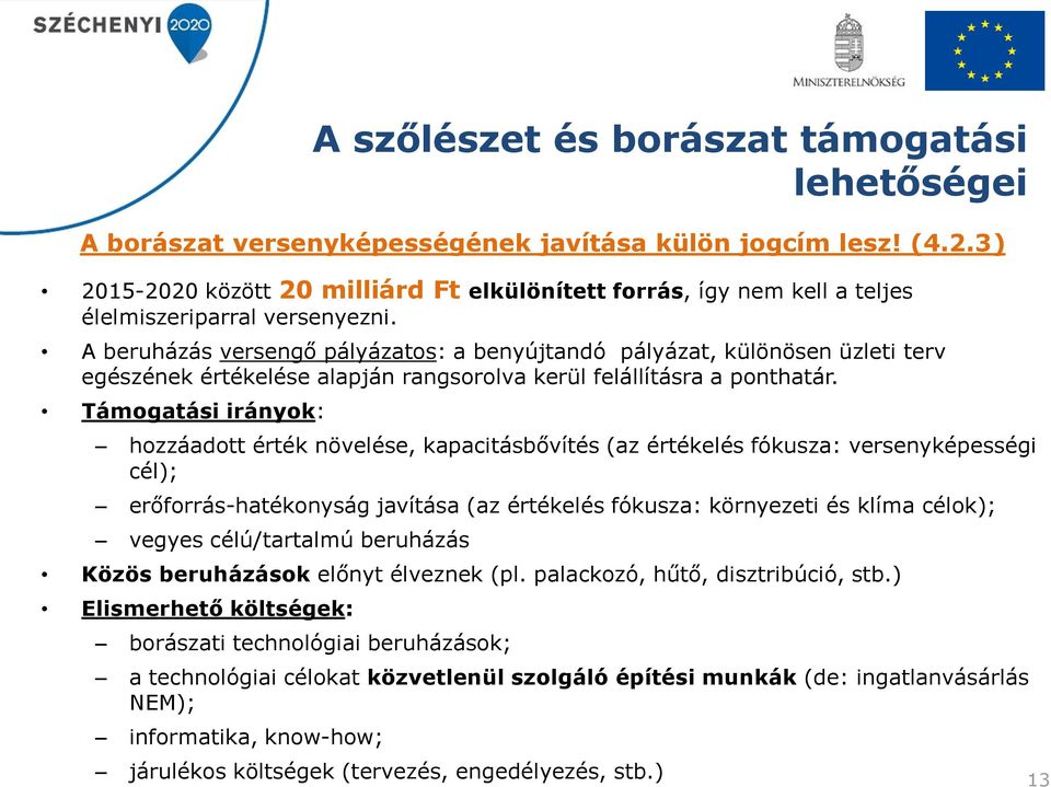 A beruházás versengő pályázatos: a benyújtandó pályázat, különösen üzleti terv egészének értékelése alapján rangsorolva kerül felállításra a ponthatár.