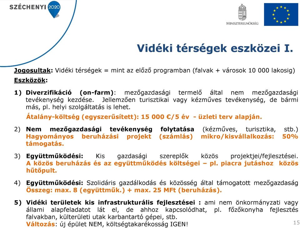 Jellemzően turisztikai vagy kézműves tevékenység, de bármi más, pl. helyi szolgáltatás is lehet. Átalány-költség (egyszerűsített): 15 000 /5 év - üzleti terv alapján.