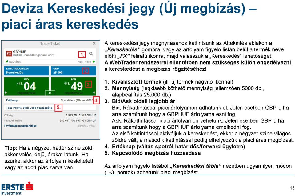 Tipp: Ha a négyzet háttér színe zöld, akkor valós idejű, árakat látunk. Ha szürke, akkor az árfolyam késleltetett vagy az adott piac zárva van. 1. Kiválasztott termék (ill.