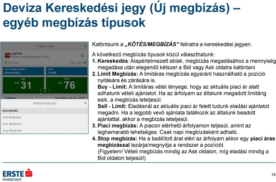 Limit Megbízás: A limitáras megbízás egyaránt használható a pozíció nyitására és zárására is. Buy - Limit: A limitáras vétel lényege, hogy az aktuális piaci ár alatt adhatunk vételi ajánlatot.