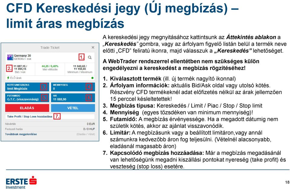 Kiválasztott termék (ill. új termék nagyító ikonnal) 2. Árfolyam információk: aktuális Bid/Ask oldal vagy utolsó kötés.