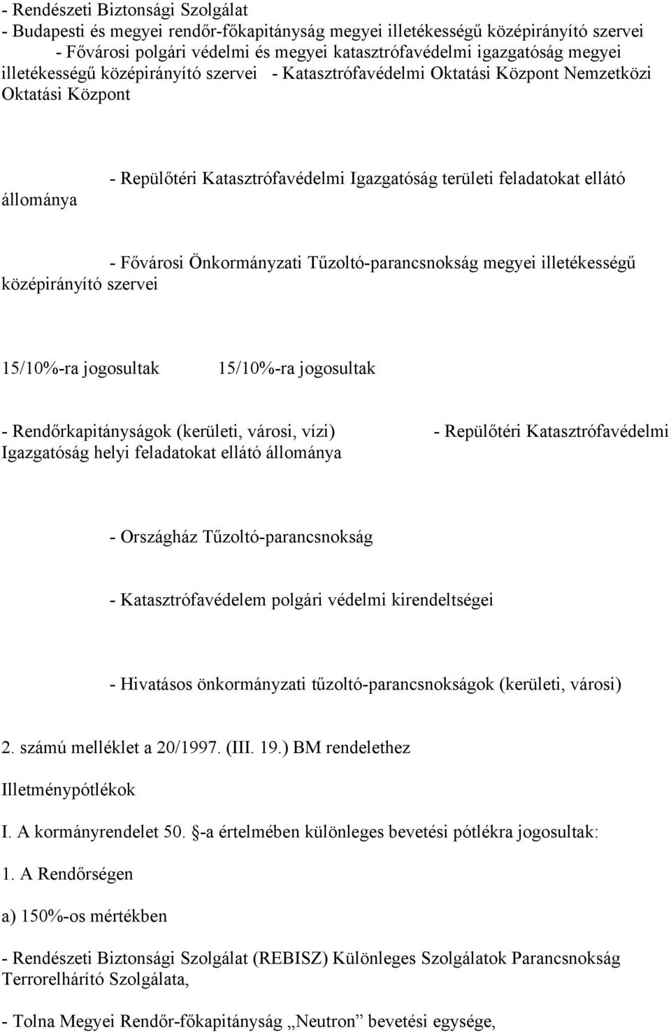 Önkormányzati Tűzoltó-parancsnokság megyei illetékességű középirányító szervei 15/10%-ra jogosultak 15/10%-ra jogosultak - Rendőrkapitányságok (kerületi, városi, vízi) - Repülőtéri Katasztrófavédelmi