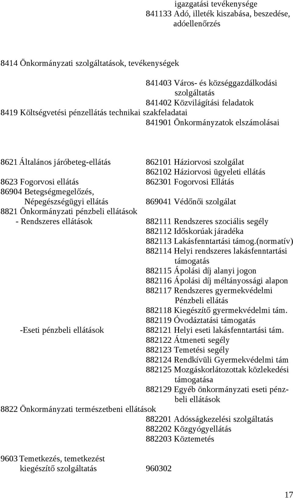 8623 Fogorvosi ellátás 862301 Fogorvosi Ellátás 86904 Betegségmegelőzés, Népegészségügyi ellátás 869041 Védőnői szolgálat 8821 Önkormányzati pénzbeli ellátások - Rendszeres ellátások 882111