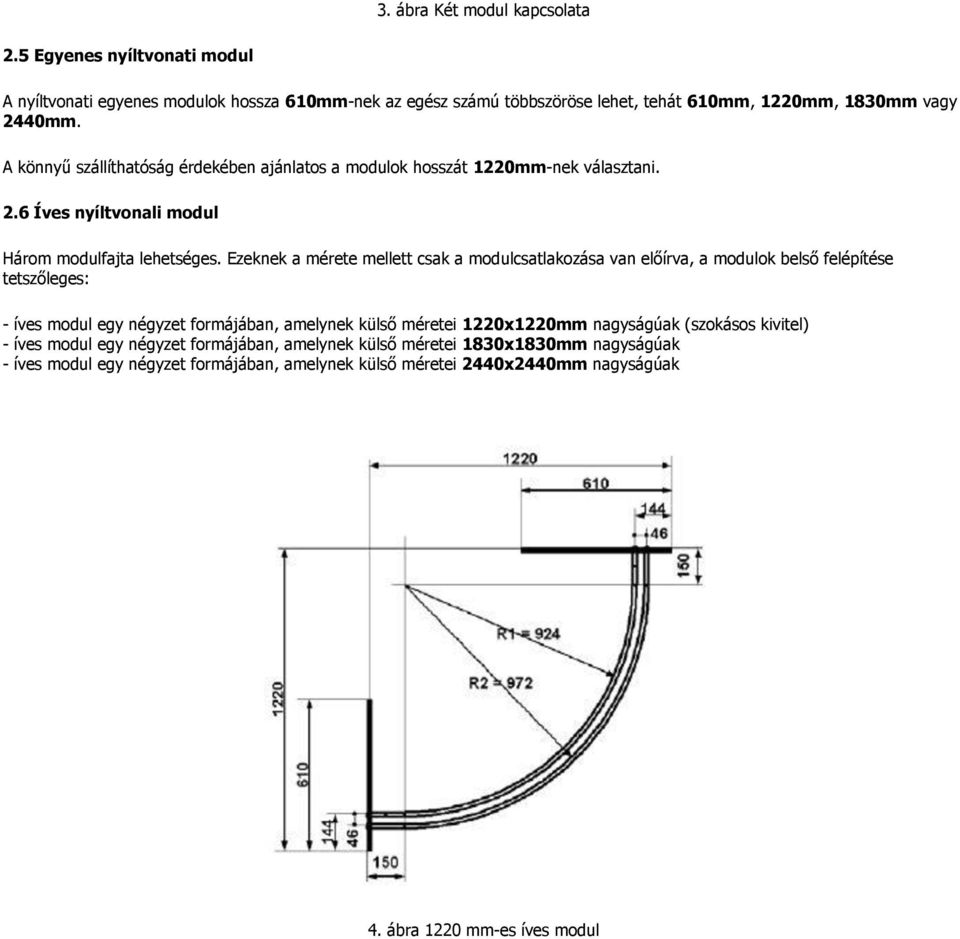 Ezeknek a mérete mellett csak a modulcsatlakozása van előírva, a modulok belső felépítése tetszőleges: - íves modul egy négyzet formájában, amelynek külső méretei 1220x1220mm