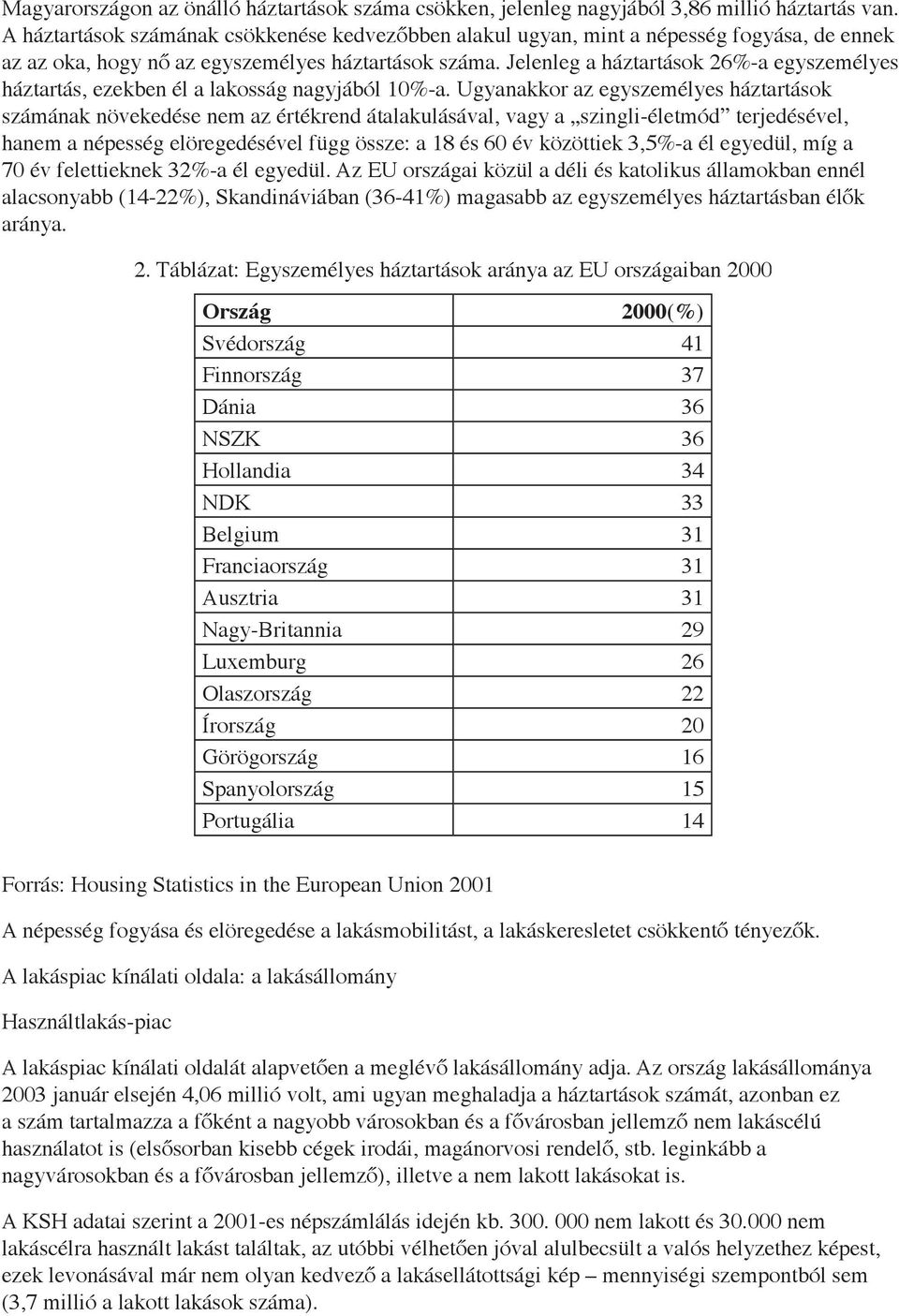 Jelenleg a háztartások 26%-a egyszemélyes háztartás, ezekben él a lakosság nagyjából 10%-a.