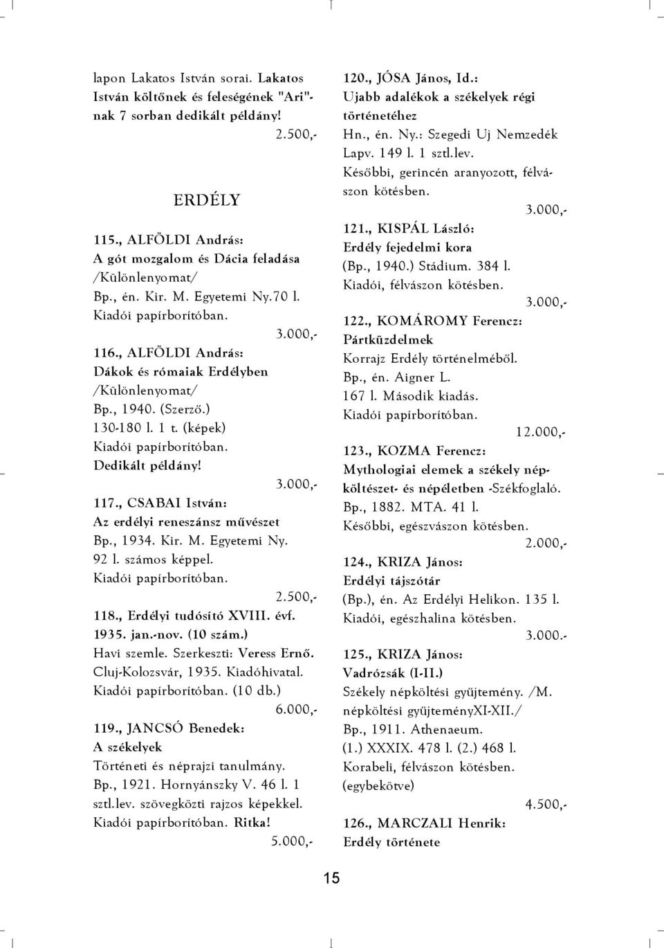 , CSABAI István: Az erdélyi reneszánsz mûvészet Bp., 1934. Kir. M. Egyetemi Ny. 92 l. számos képpel. 118., Erdélyi tudósító XVIII. évf. 1935. jan.-nov. (10 szám.) Havi szemle. Szerkeszti: Veress Ernõ.