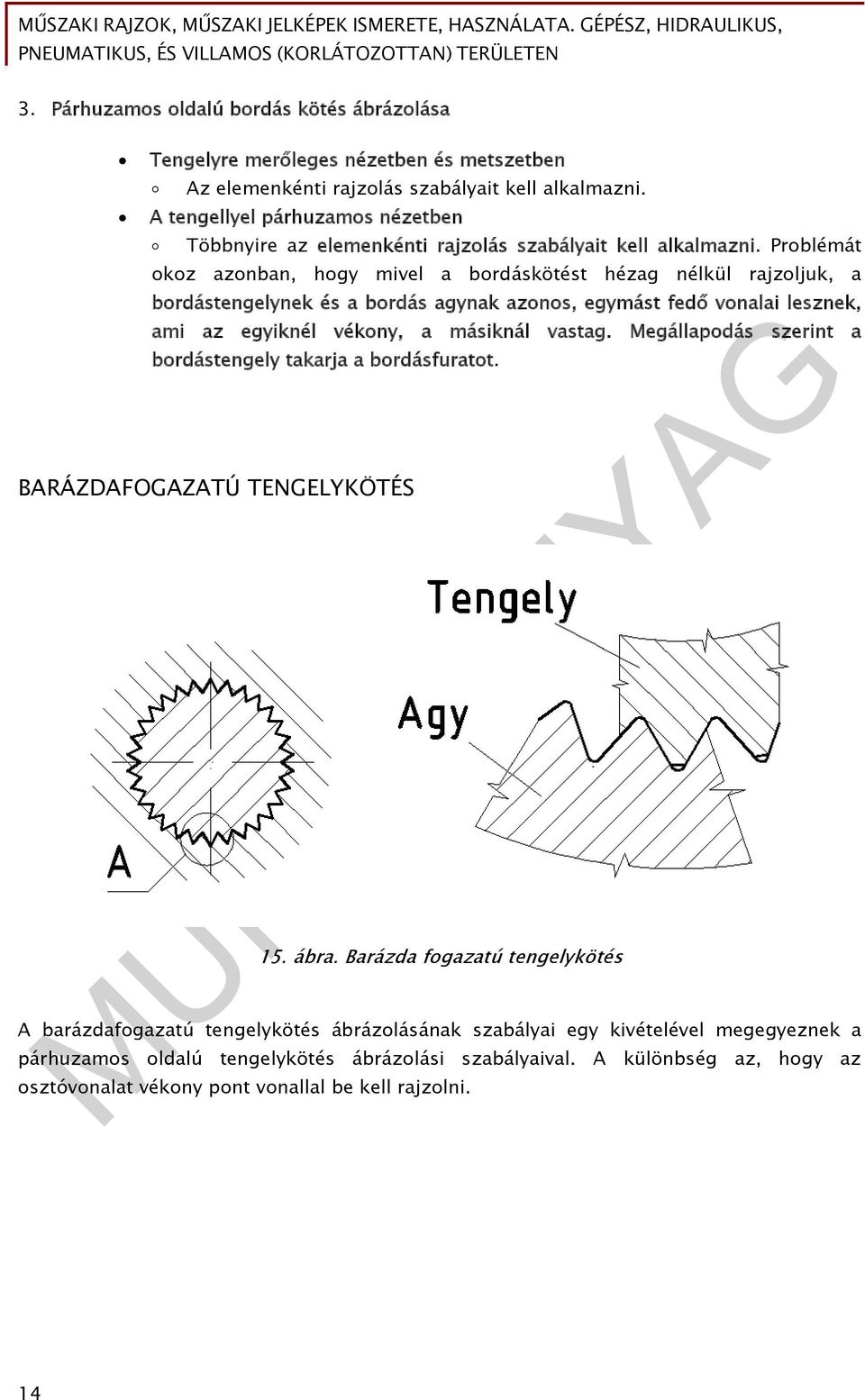 Problémát okoz azonban, hogy mivel a bordáskötést hézag nélkül rajzoljuk, a bordástengelynek és a bordás agynak azonos, egymást fedő vonalai lesznek, ami az egyiknél vékony, a másiknál vastag.