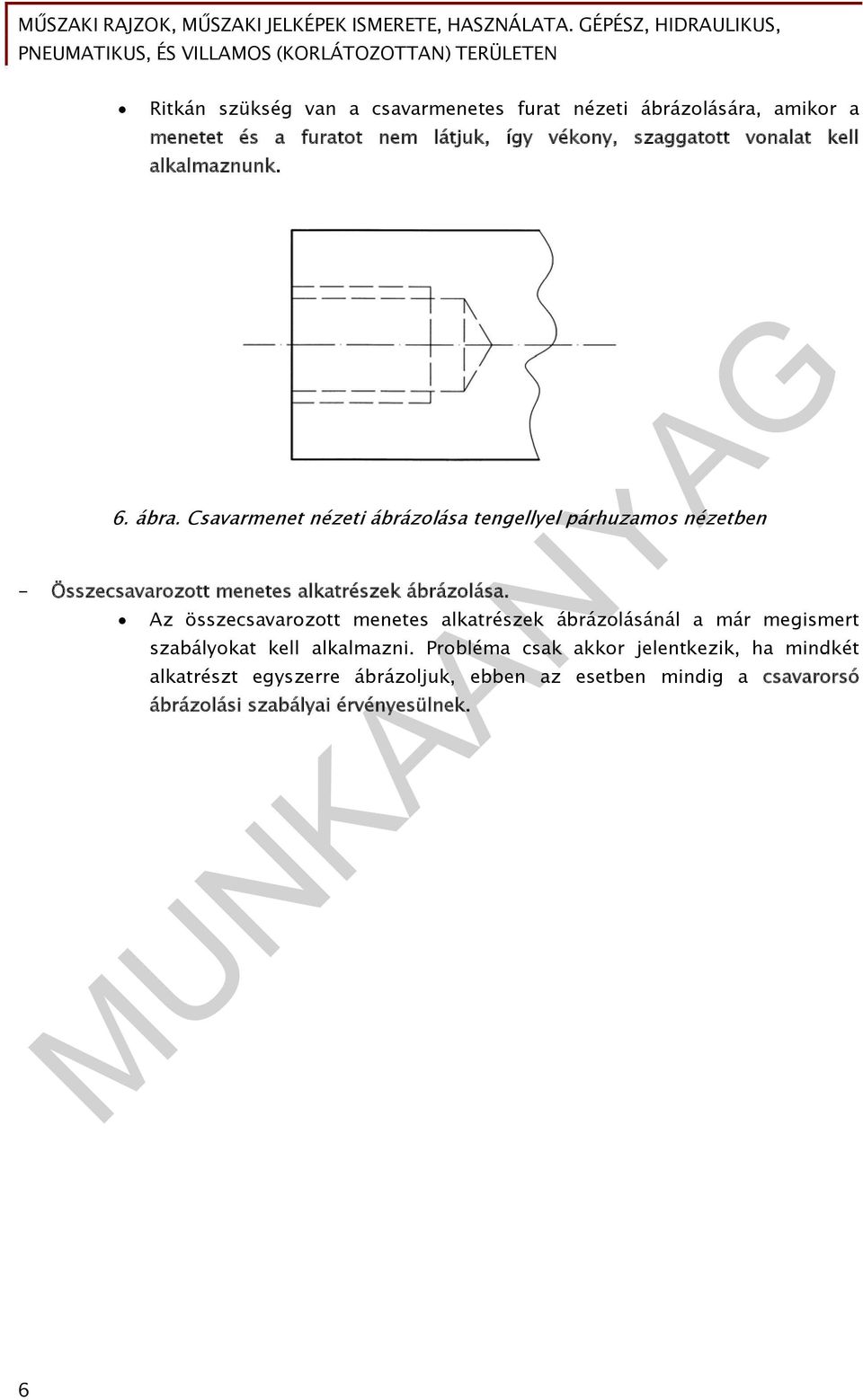 Csavarmenet nézeti ábrázolása tengellyel párhuzamos nézetben - Összecsavarozott menetes alkatrészek ábrázolása.