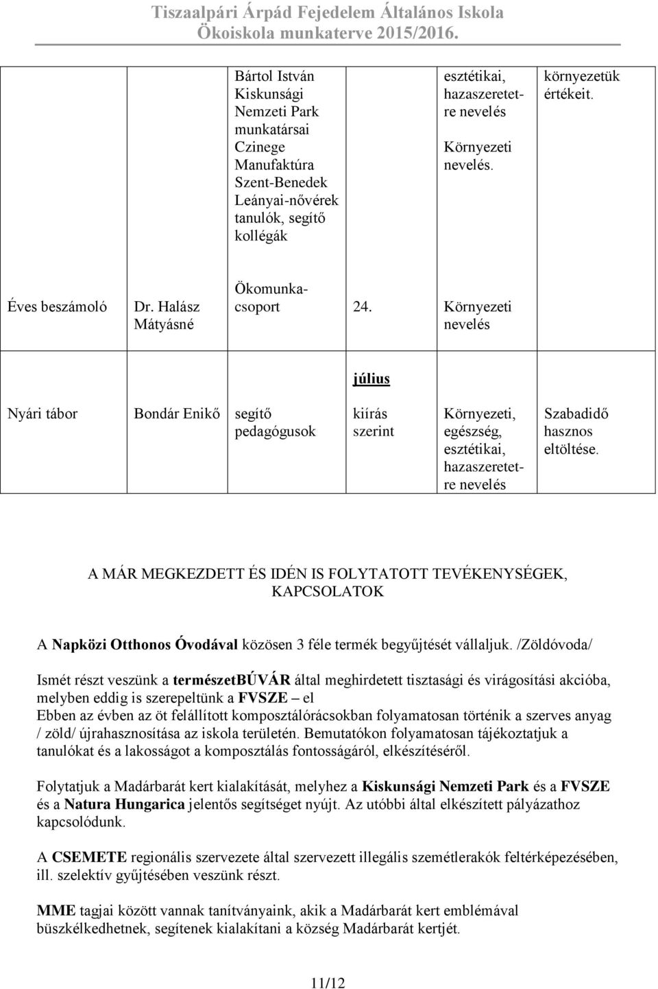 A MÁR MEGKEZDETT ÉS IDÉN IS FOLYTATOTT TEVÉKENYSÉGEK, KAPCSOLATOK A Napközi Otthonos Óvodával közösen 3 féle termék begyűjtését vállaljuk.