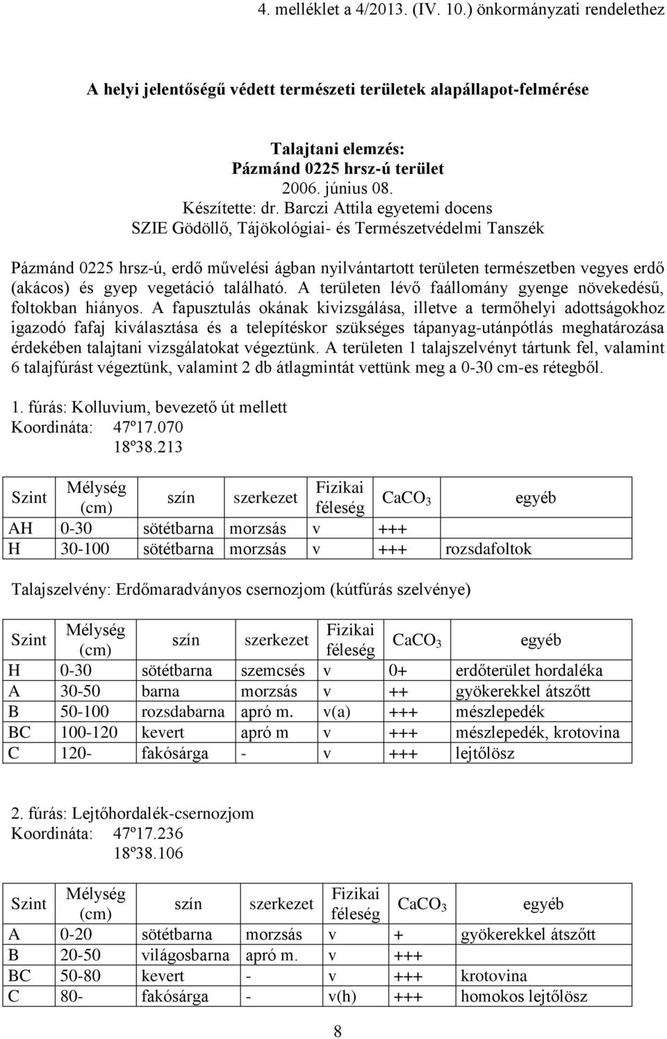 Barczi Attila egyetemi docens SZIE Gödöllő, Tájökológiai- és Természetvédelmi Tanszék Pázmánd 0225 hrsz-ú, erdő művelési ágban nyilvántartott területen természetben vegyes erdő (akácos) és gyep