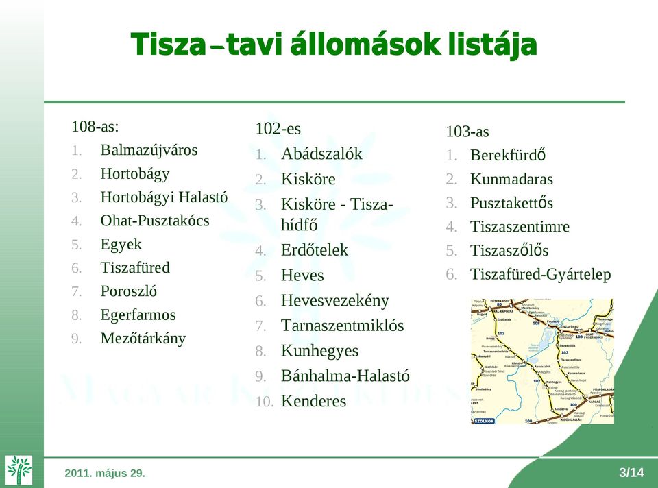 Kisköre - Tiszahídfő 4. Erdőtelek 5. Heves 6. Hevesvezekény 7. Tarnaszentmiklós 8. Kunhegyes 9.