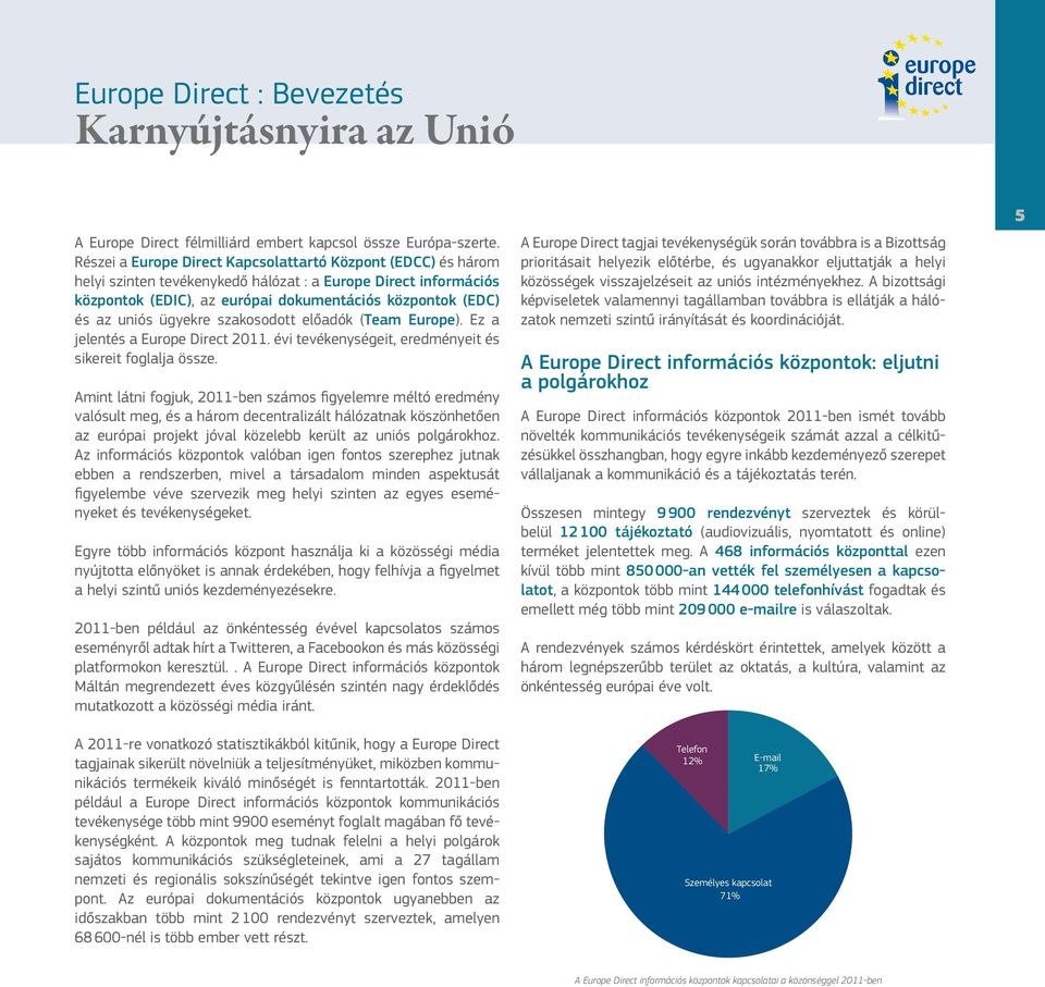 ügyekre szakosodott előadók (Team Europe). Ez a jelentés a Europe Direct 2011. évi tevékenységeit, eredményeit és sikereit foglalja össze.
