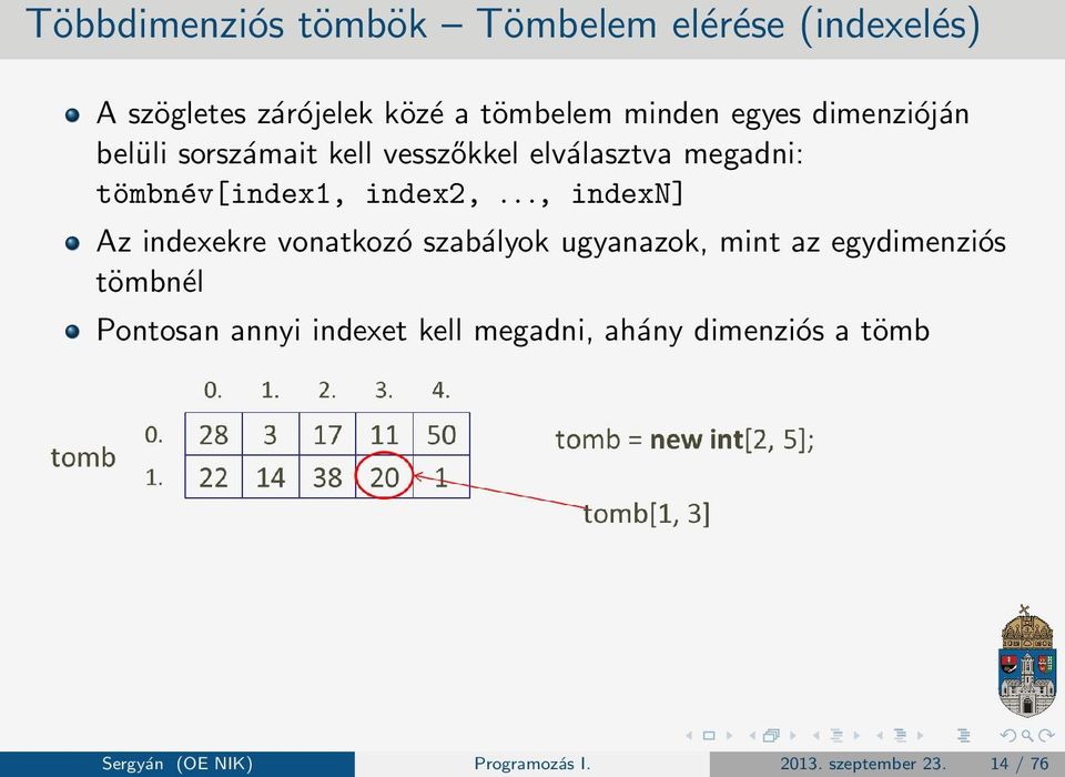 .., indexn] Az indexekre vonatkozó szabályok ugyanazok, mint az egydimenziós tömbnél Pontosan annyi