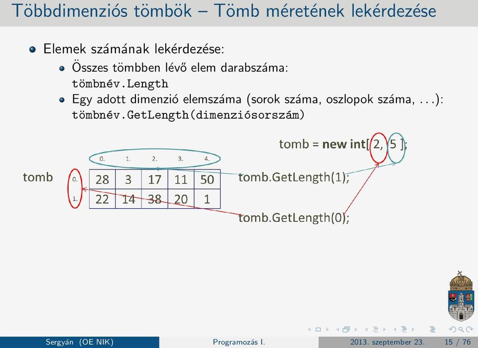 length Egy adott dimenzió elemszáma (sorok száma, oszlopok száma,.