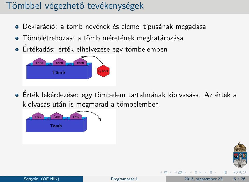 egy tömbelemben Érték lekérdezése: egy tömbelem tartalmának kiolvasása.