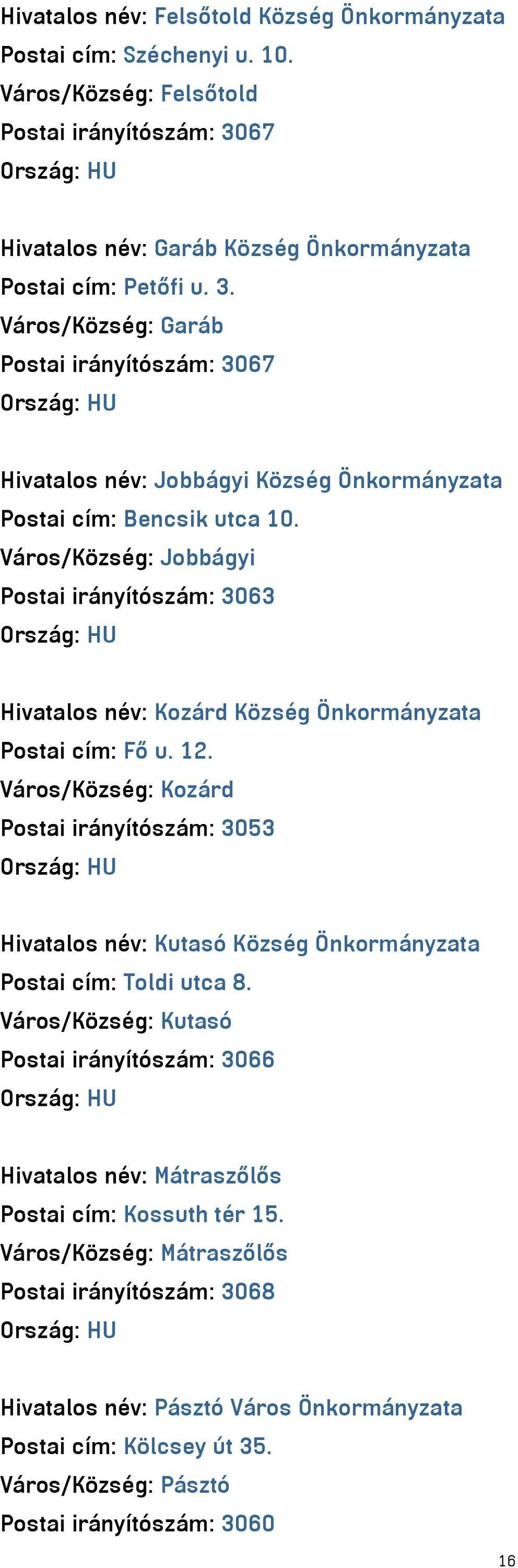 Város/Község: Jobbágyi Postai irányítószám: 3063 Hivatalos név: Kozárd Község Önkormányzata Postai cím: Fő u. 12.