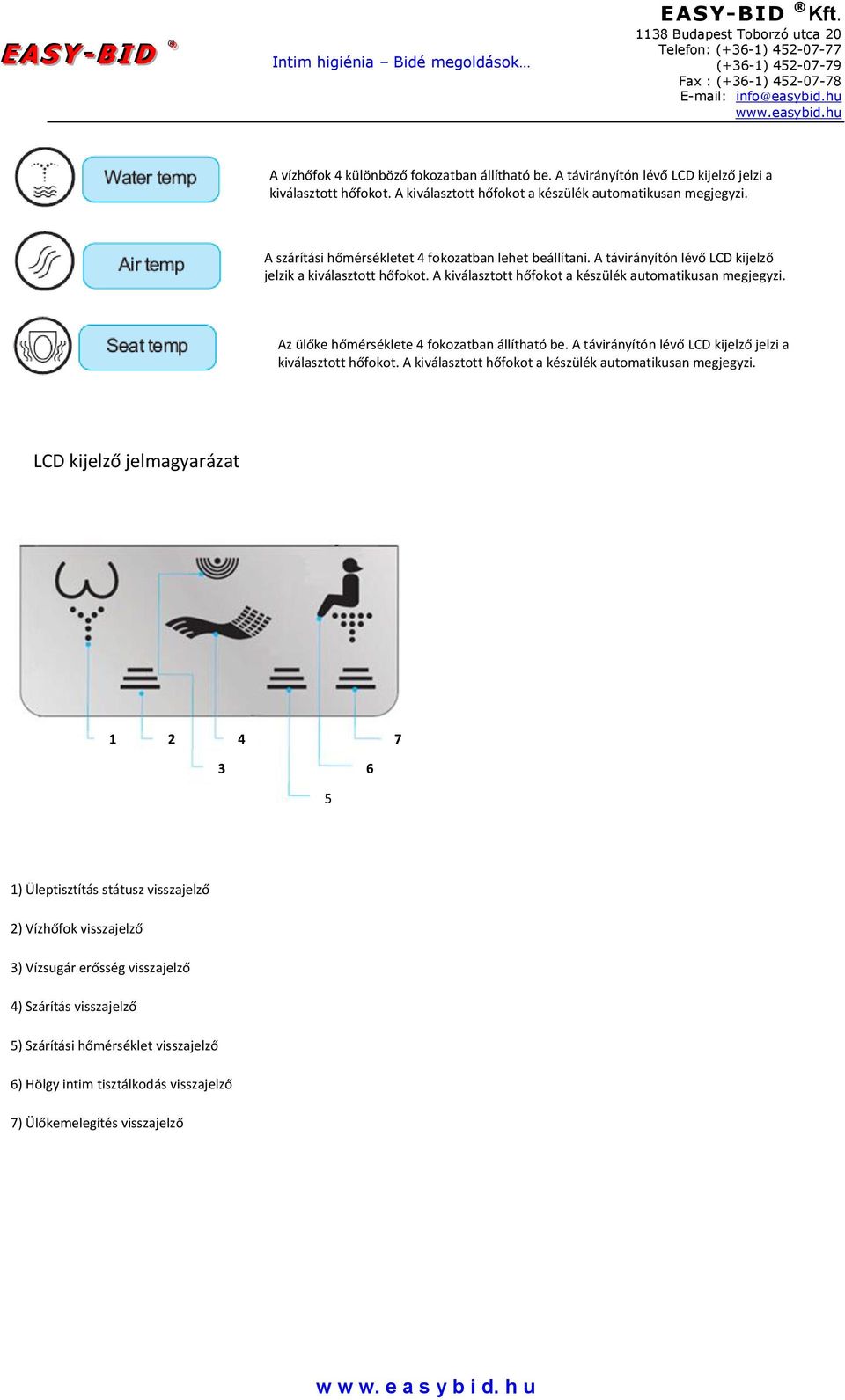 Az ülőke hőmérséklete 4 fokozatban állítható be. A távirányítón lévő LCD kijelző jelzi a kiválasztott hőfokot. A kiválasztott hőfokot a készülék automatikusan megjegyzi.