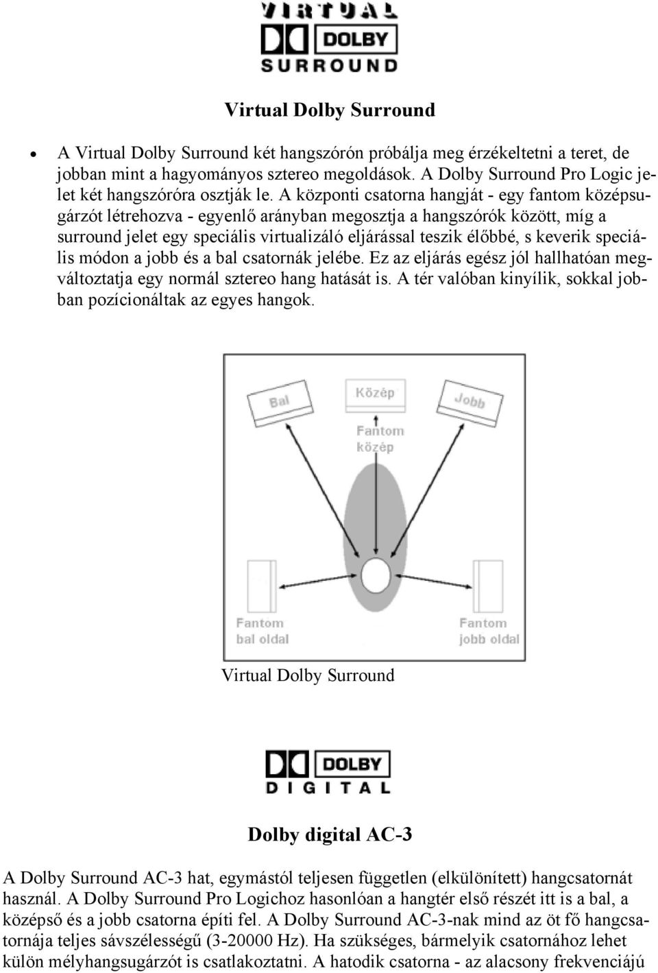 A központi csatorna hangját - egy fantom középsugárzót létrehozva - egyenlő arányban megosztja a hangszórók között, míg a surround jelet egy speciális virtualizáló eljárással teszik élőbbé, s keverik