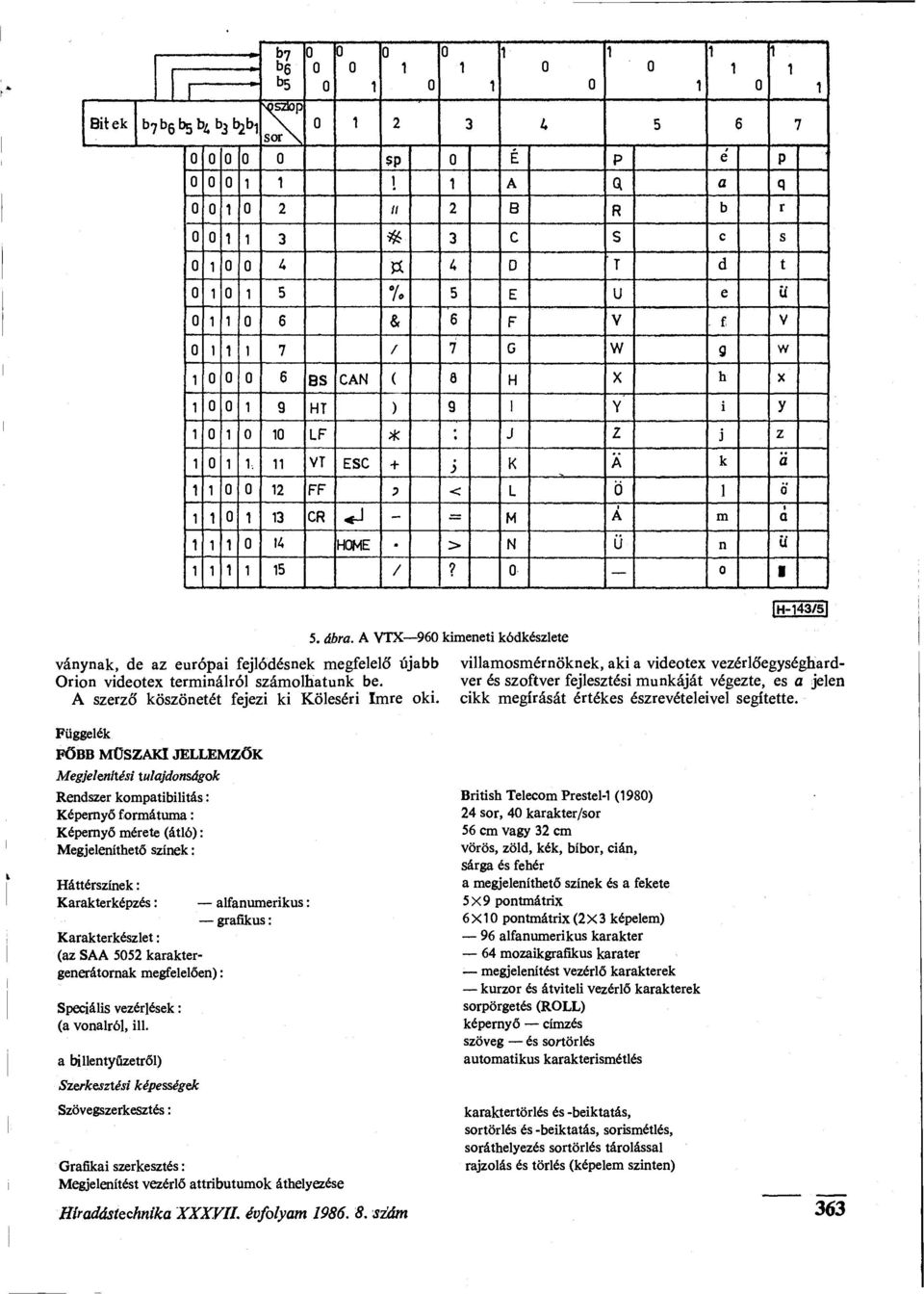 A VTX 96 kimeneti kódkészlete H-43/5 ványnak, de az európai fejló'désnek megfelelő' újabb Orion videotex terminálról számolhatunk be. A szerző köszönetét fejezi ki Köleséri Imre oki.