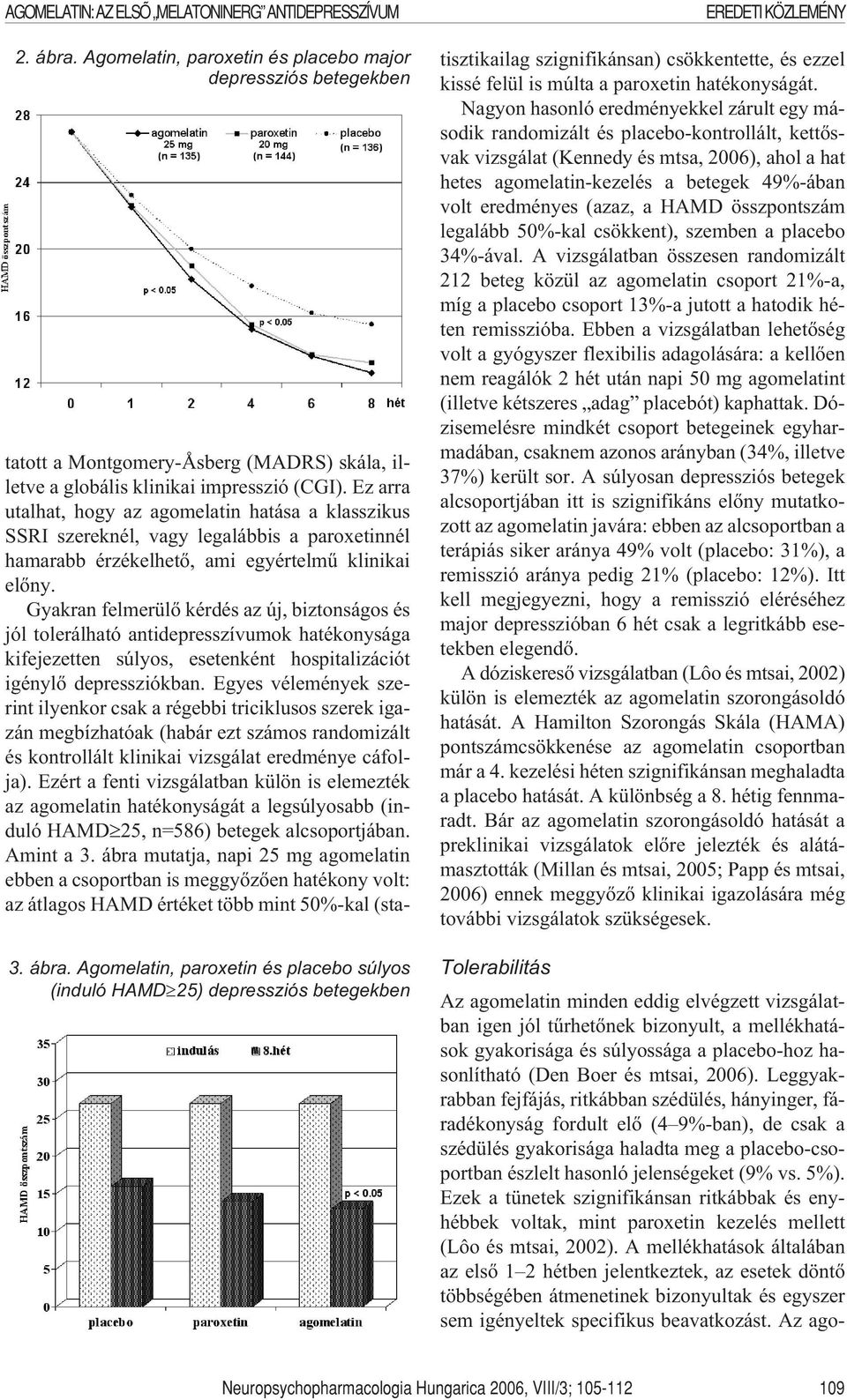 Agomelatin, paroxetin és placebo súlyos (induló HAMD 25) depressziós betegekben EREDETIKÖZLEMÉNY tatott a Montgomery-Åsberg (MADRS) skála, illetve a globális klinikai impresszió (CGI).