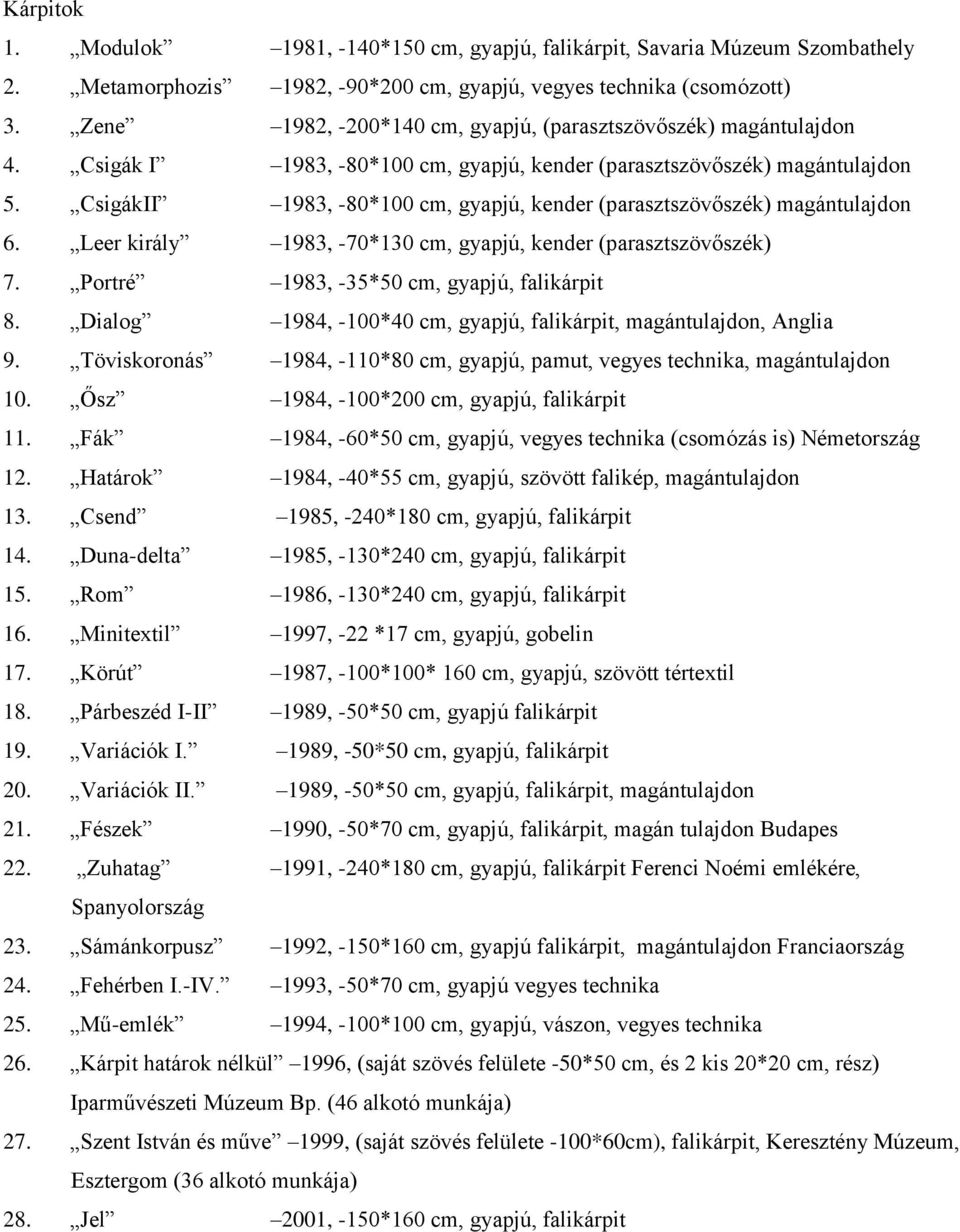 CsigákII 1983, -80*100 cm, gyapjú, kender (parasztszövőszék) magántulajdon 6. Leer király 1983, -70*130 cm, gyapjú, kender (parasztszövőszék) 7. Portré 1983, -35*50 cm, gyapjú, falikárpit 8.