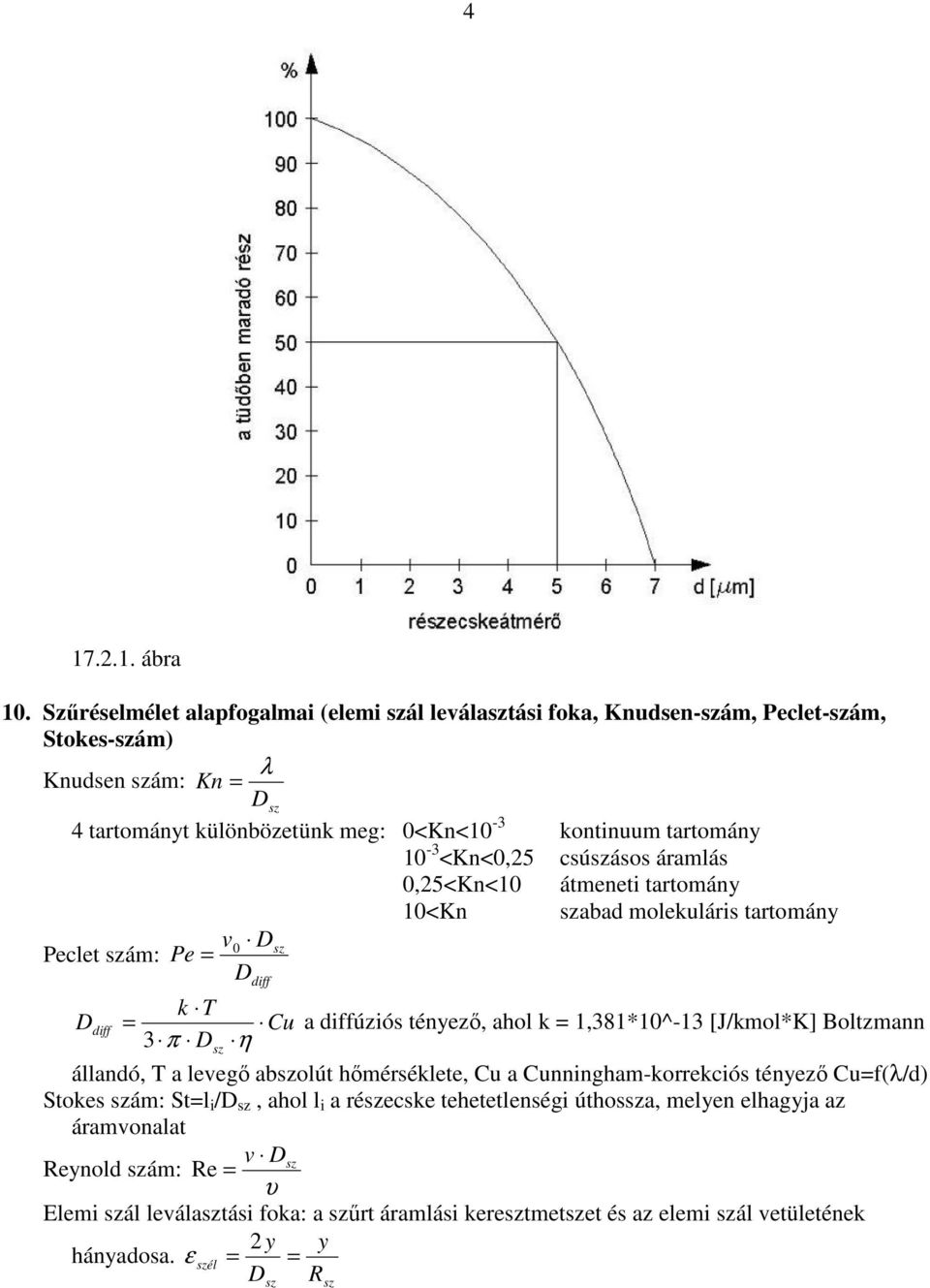 <Kn<0,5 csúásos áramlás 0,5<Kn<10 ámenei aromány 10<Kn abad molekuláris aromány v D Pecle ám: Pe = 0 D D diff k T = 3 π D diff Cu a diffúziós ényező, ahol k =