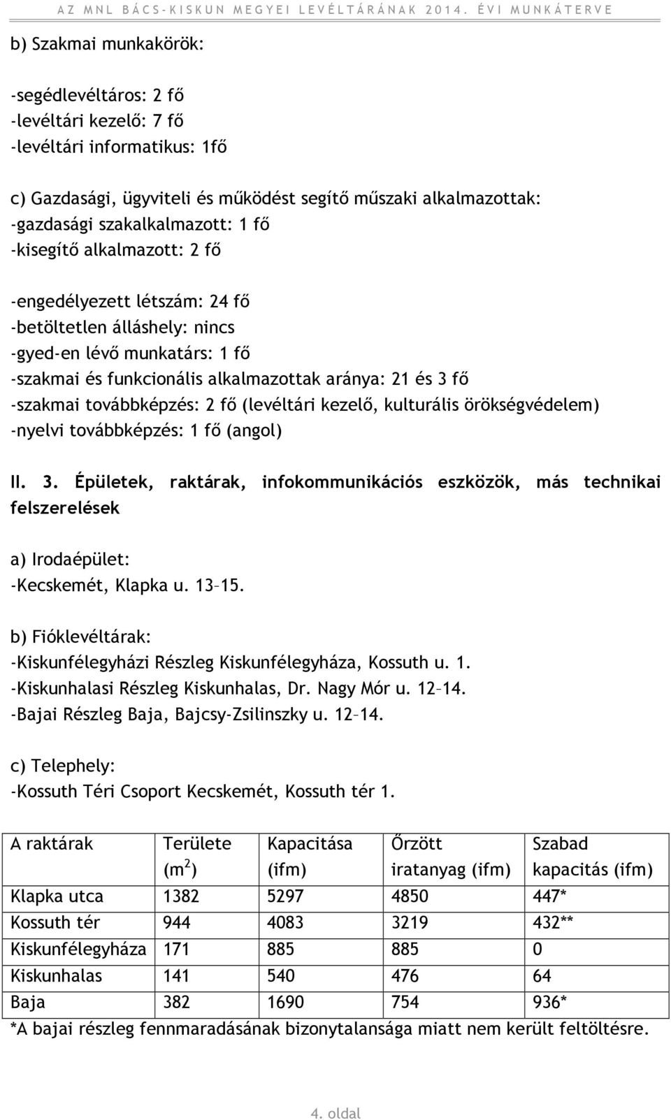 2 fő (levéltári kezelő, kulturális örökségvédelem) -nyelvi továbbképzés: 1 fő (angol) II. 3.