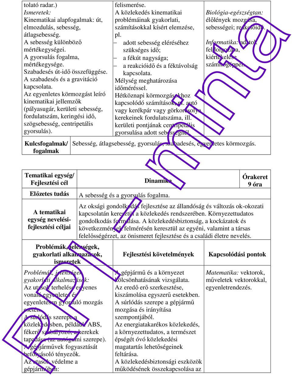 felismerése. A közlekedés kinematikai problémáinak gyakorlati, számításokkal kísért elemzése, pl. adott sebesség eléréséhez szükséges idő; a fékút nagysága; a reakcióidő és a féktávolság kapcsolata.