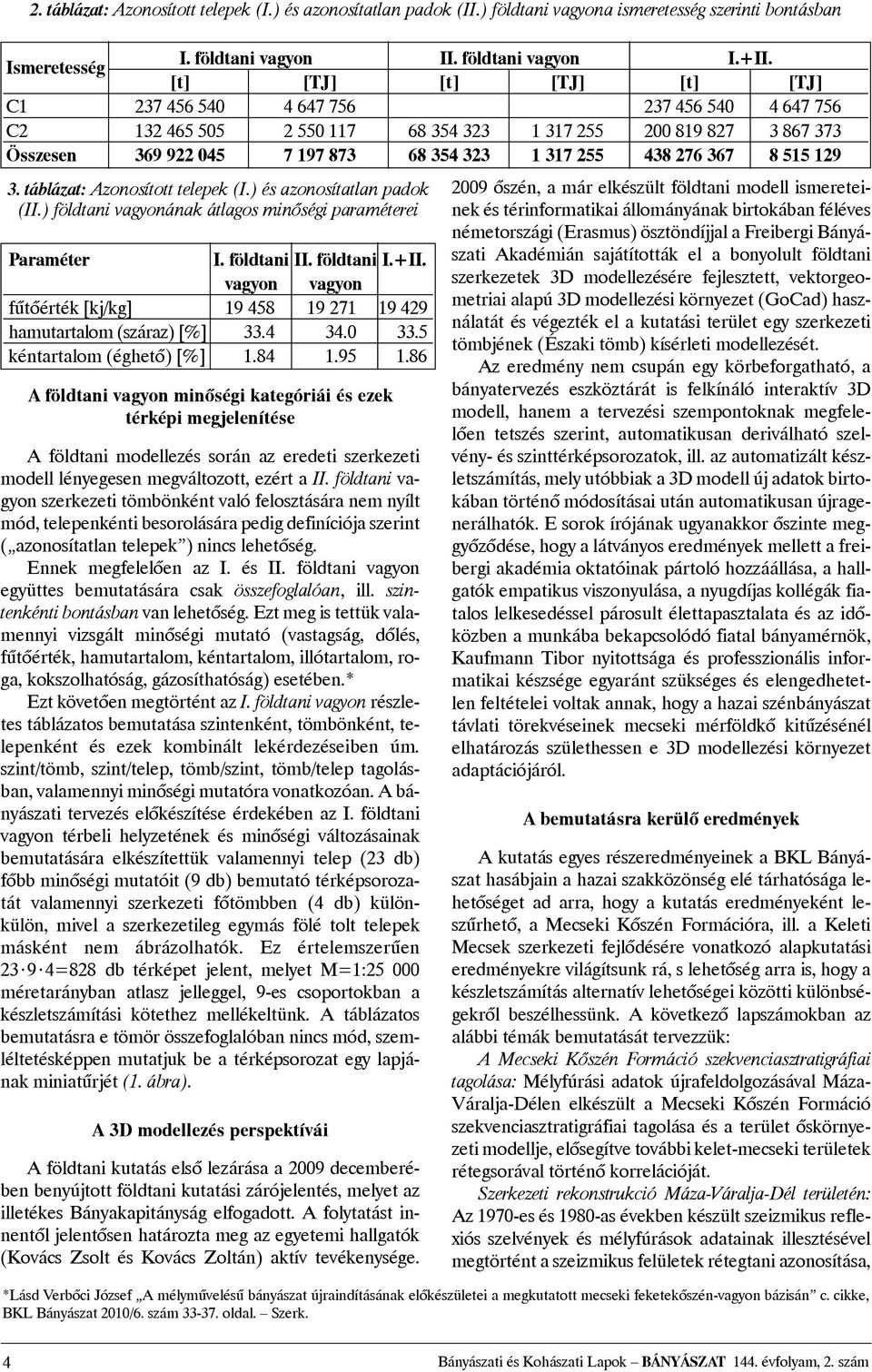 276 367 8 515 129 3. táblázat: Azonosított telepek (I.) és azonosítatlan padok (II.) földtani vagyonának átlagos minõségi paraméterei Paraméter I. földtani II. földtani I.+II.