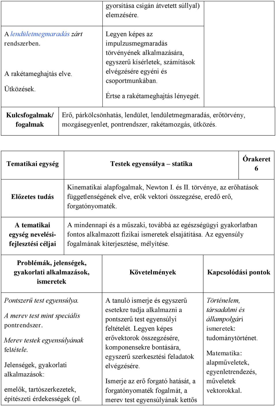 Kulcsfogalmak/ fogalmak Erő, párkölcsönhatás, lendület, lendületmegmaradás, erőtörvény, mozgásegyenlet, pontrendszer, rakétamozgás, ütközés.