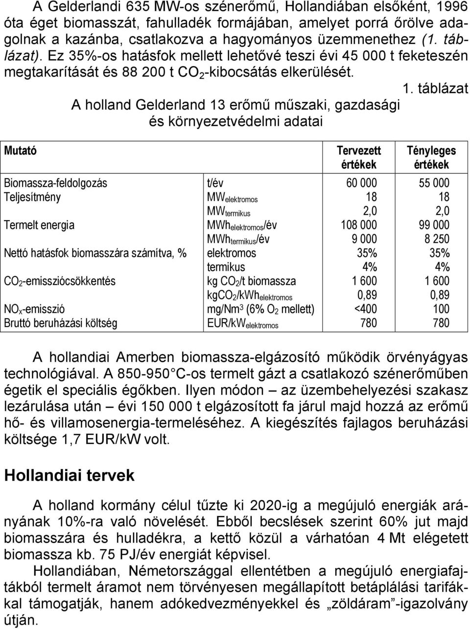 táblázat A holland Gelderland 13 erőmű műszaki, gazdasági és környezetvédelmi adatai Mutató Tervezett értékek Tényleges értékek Biomassza-feldolgozás Teljesítmény Termelt energia Nettó hatásfok