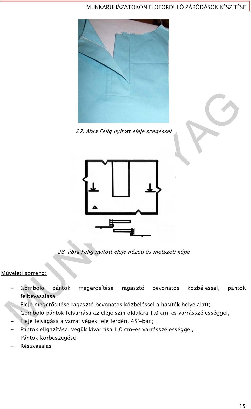 félbevasalása; - Eleje megerősítése ragasztó bevonatos közbéléssel a hasíték helye alatt; - Gomboló pántok felvarrása az eleje